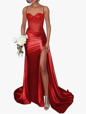 Red Satin Corset Maxi Dress with High Slit